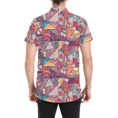 Patchwork Print Design LKS401 Men Short Sleeve Button Up Shirt