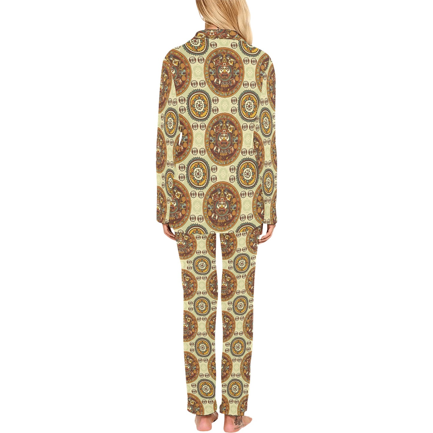 Calendar Aztec Themed Print Pattern Women's Long Pajama Set