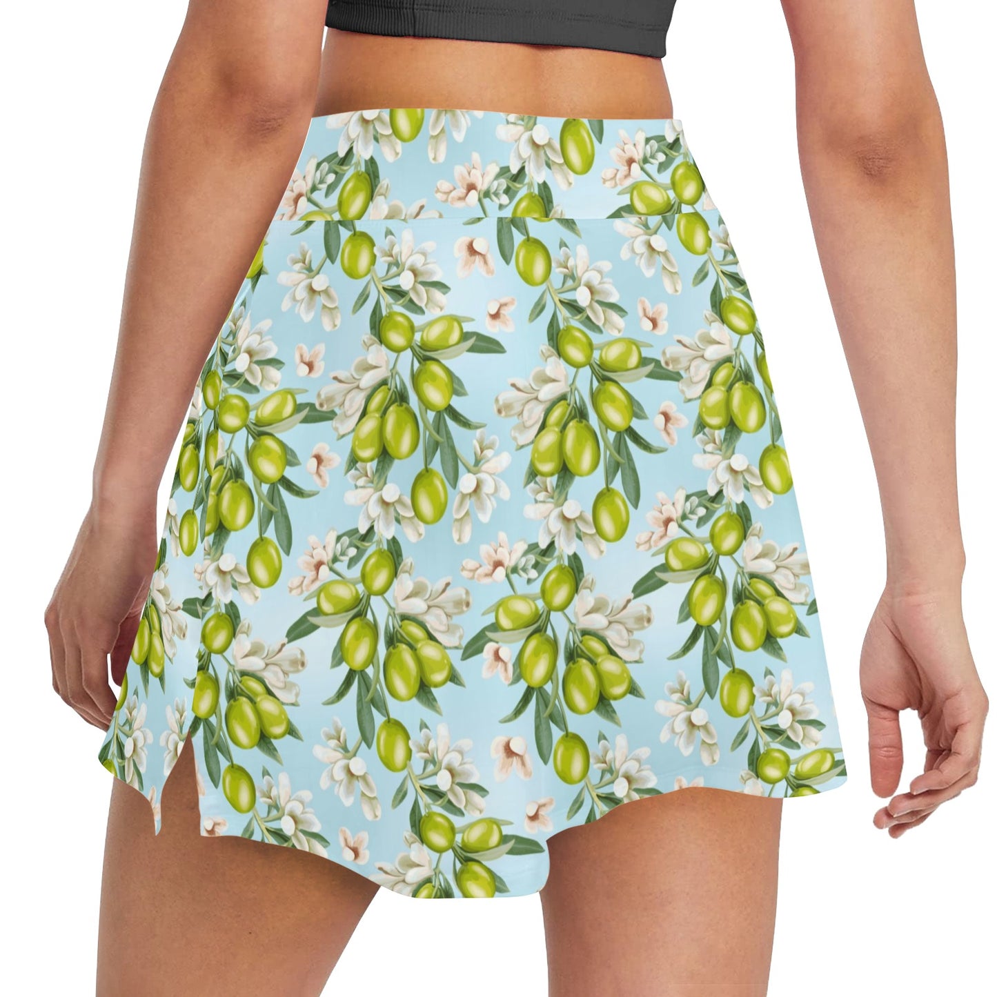 Elegant Olive Floral Print 17" Golf & Pickleball Skort with Pockets
