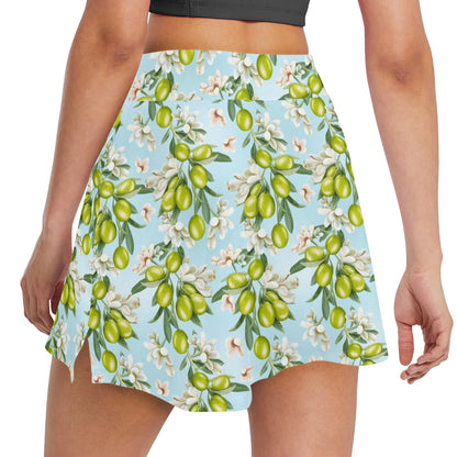 Elegant Olive Floral Print 17" Golf & Pickleball Skort with Pockets