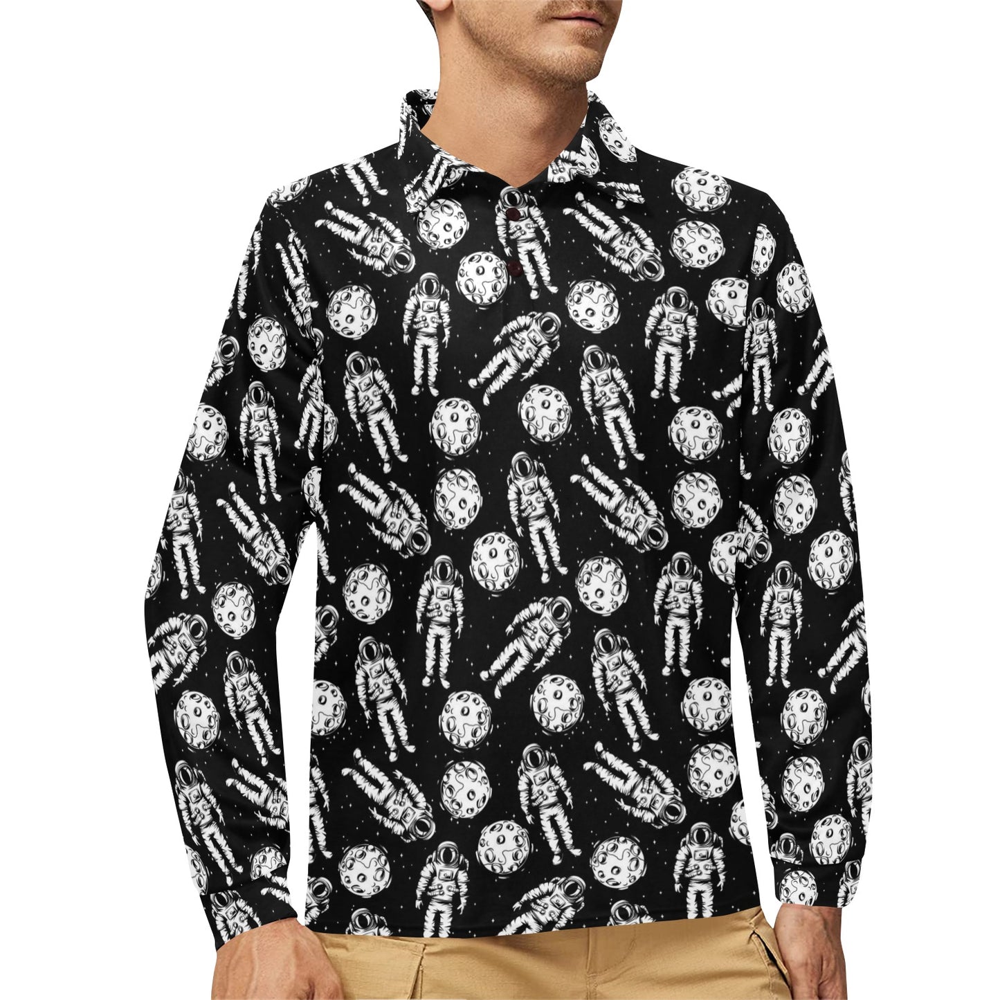 Astronaut Pattern Print Design 03 Long Sleeve Polo Shirt For Men's