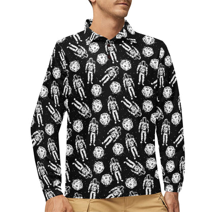 Astronaut Pattern Print Design 03 Long Sleeve Polo Shirt For Men's