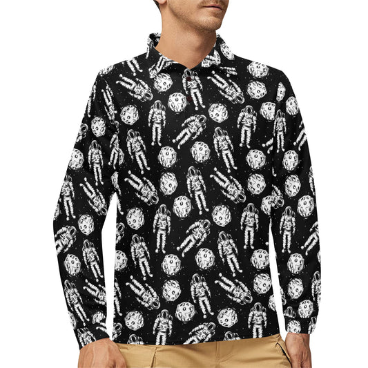 Astronaut Pattern Print Design 03 Long Sleeve Polo Shirt For Men's