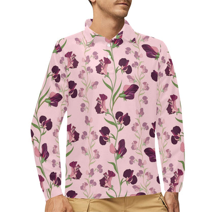 Peony Pattern Print Design PE09 Long Sleeve Polo Shirt For Men's
