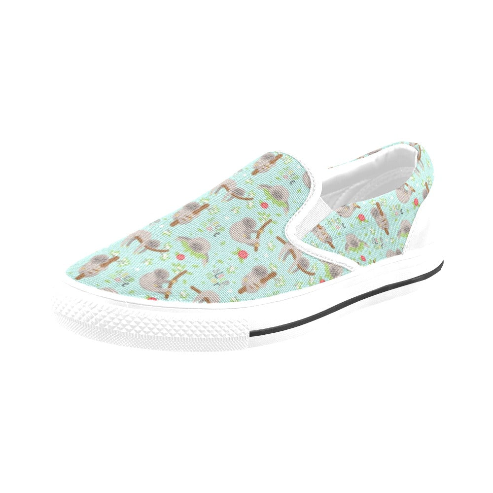 Sloth Print Design LKS305 White Slip Ons Canvas Women's Shoes
