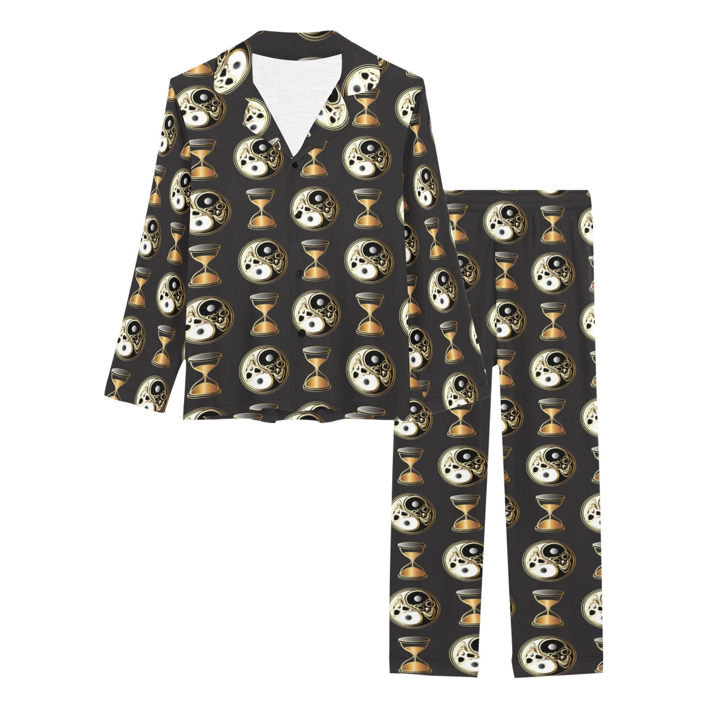 Yin Yang Skull Themed Design Print Women's Long Pajama Set