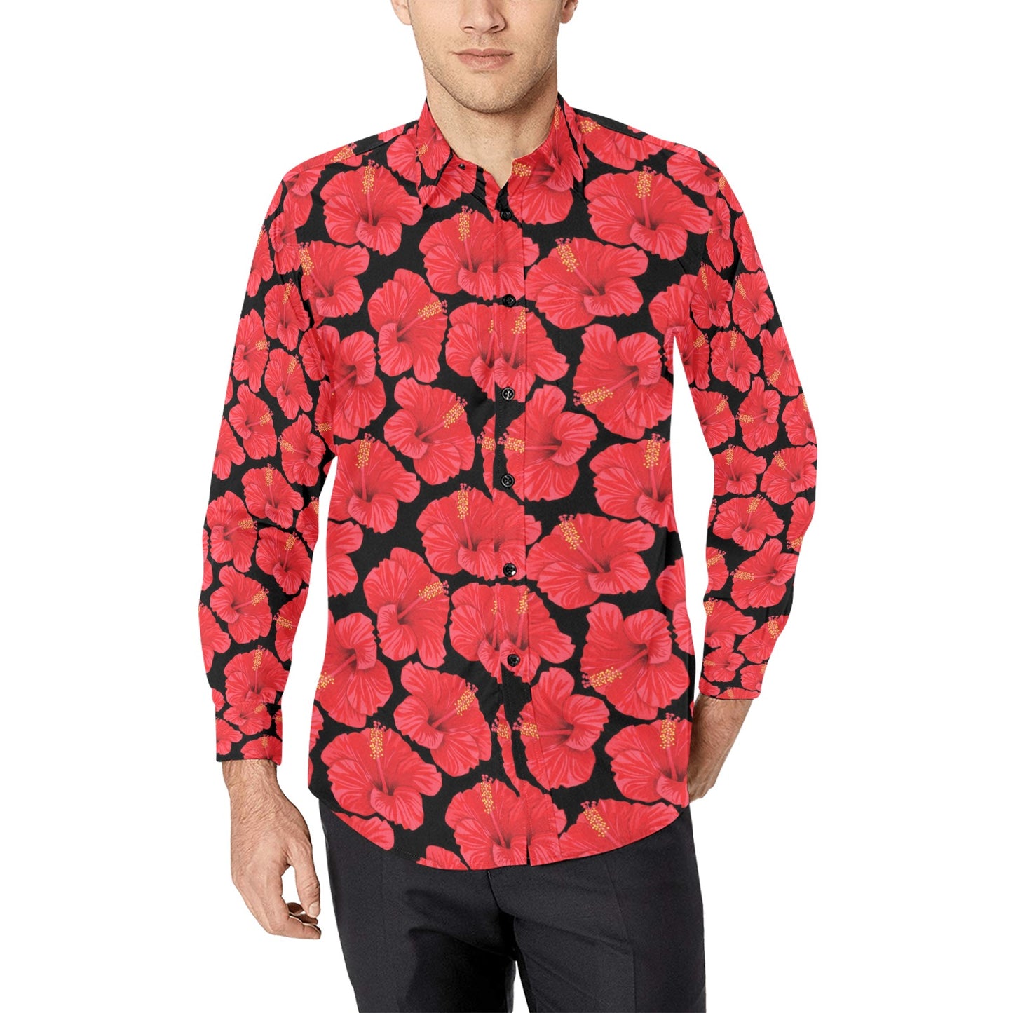 Hibiscus Red Pattern Print Design LKS306 Men's Long Sleeve Dress Shirt