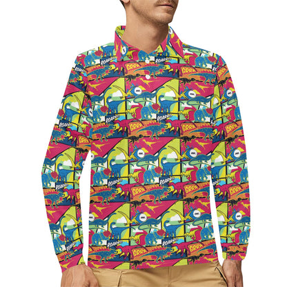 Dinosaur Comic Pop Art Style Long Sleeve Polo Shirt For Men's