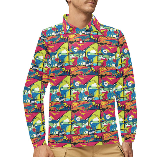 Dinosaur Comic Pop Art Style Long Sleeve Polo Shirt For Men's