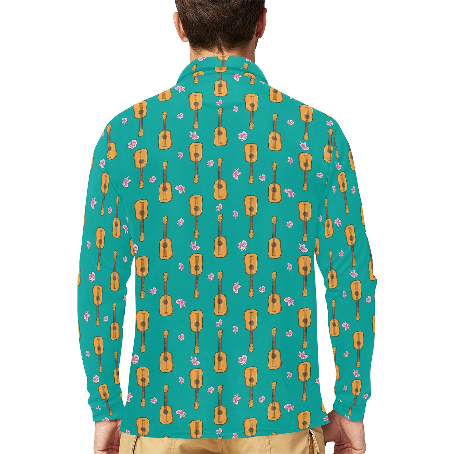 Ukulele Print Design LKS403 Long Sleeve Polo Shirt For Men's