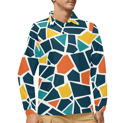 Mosaic Pattern Print Design 02 Long Sleeve Polo Shirt For Men's