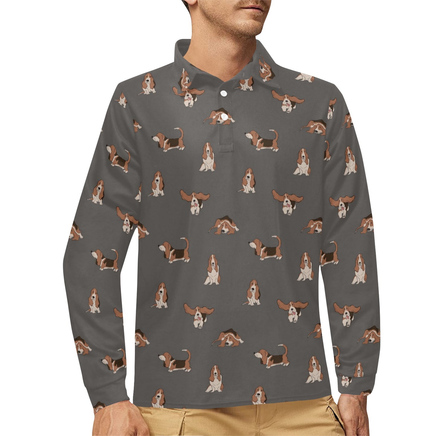 Basset Hound Pattern Print Design 03 Long Sleeve Polo Shirt For Men's