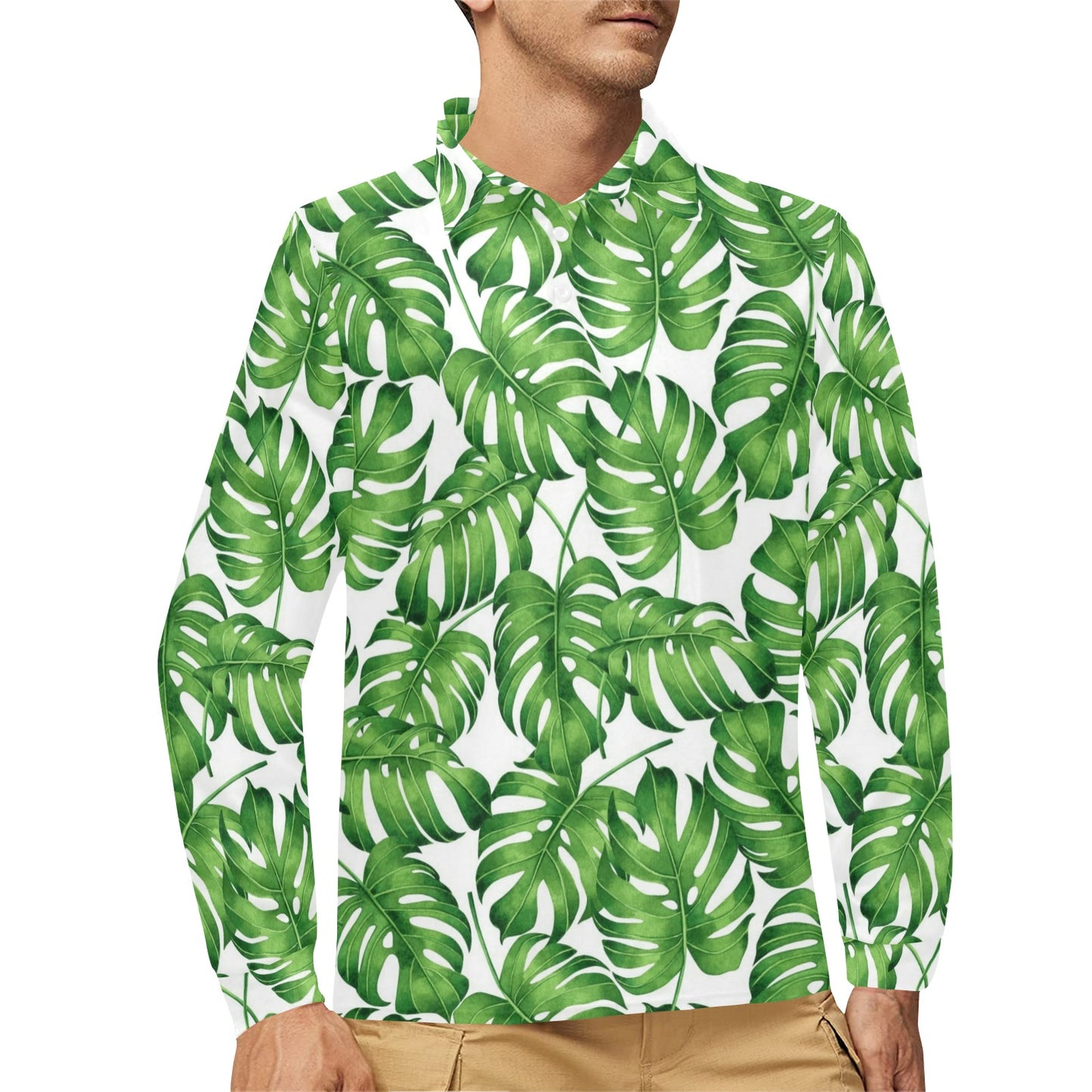 Palm Leaves Pattern Print Design PL08 Long Sleeve Polo Shirt For Men's