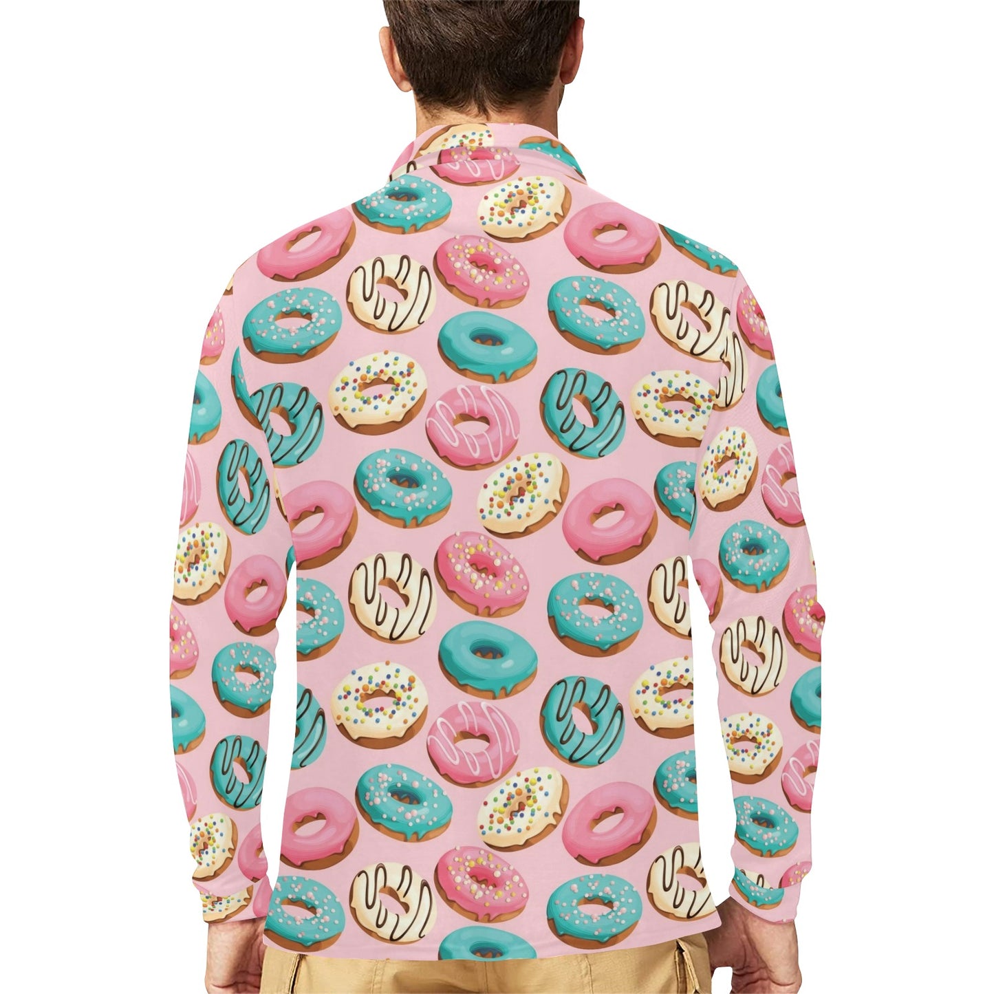 Donut Pattern Print Design DN06 Long Sleeve Polo Shirt For Men's