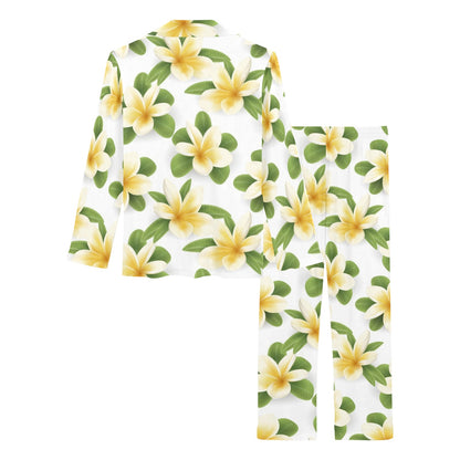 Yellow Plumeria Pattern Print Design PM012 Women's Long Pajama Set