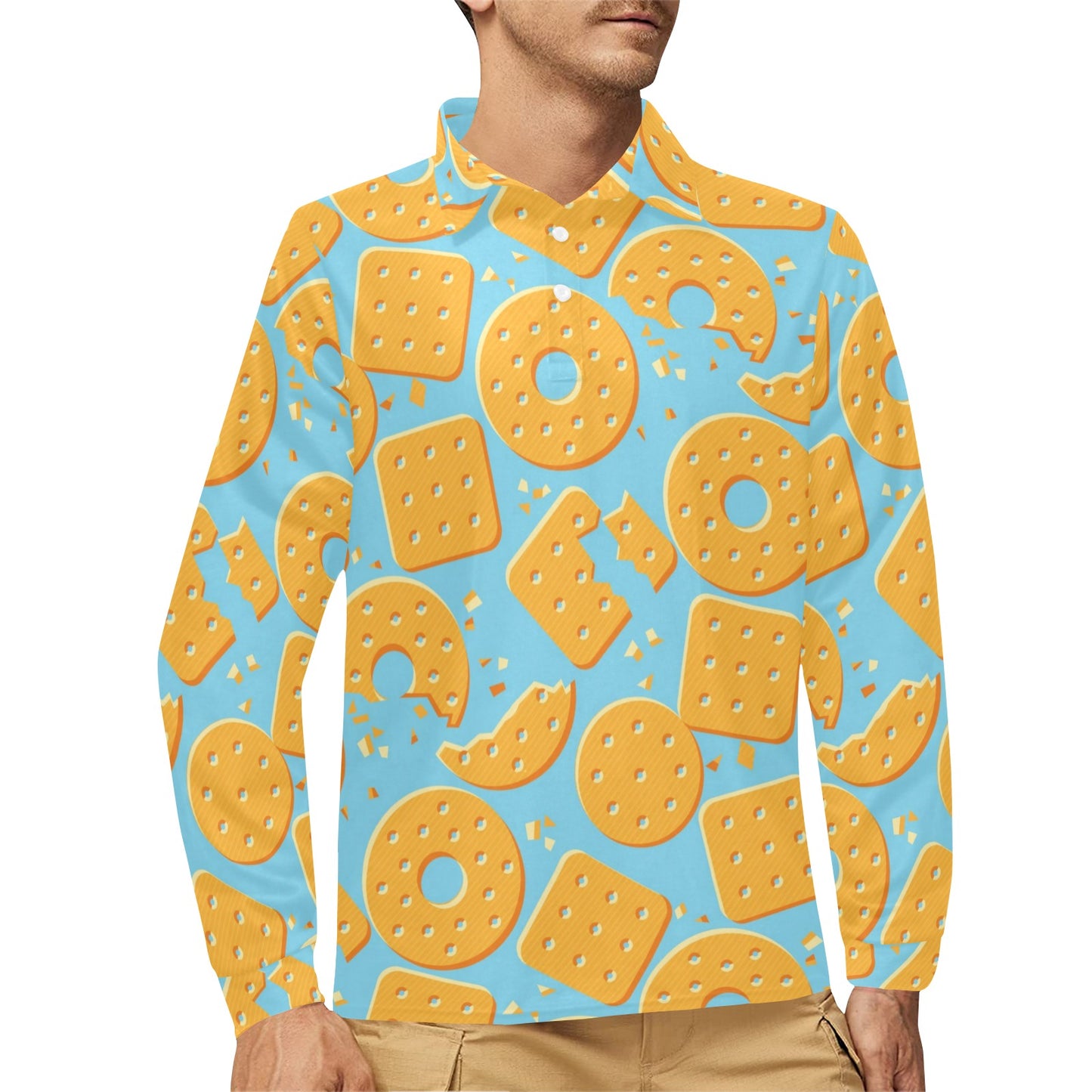 Cracker Pattern Print Design 02 Long Sleeve Polo Shirt For Men's