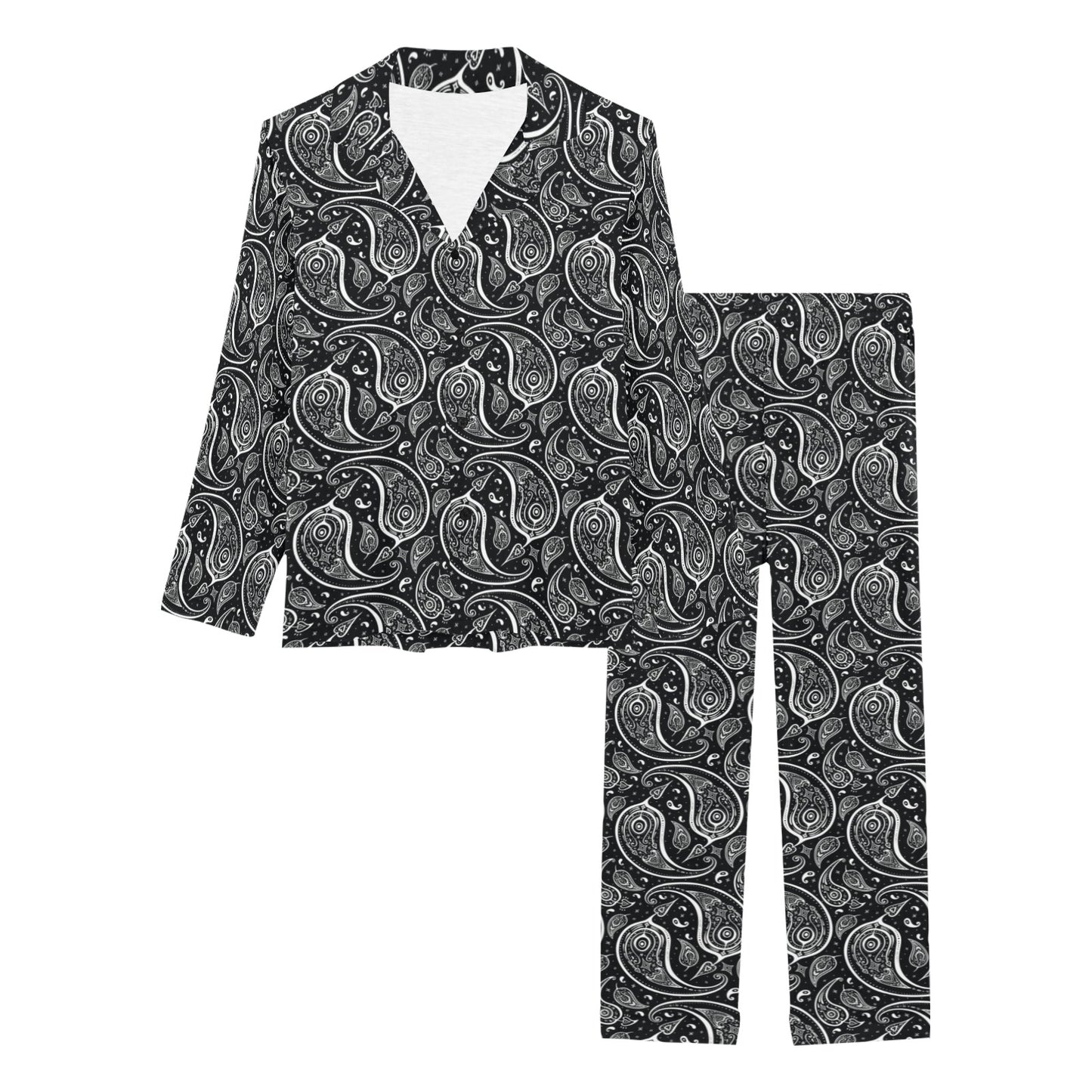 Paisley Black Design Print Women's Long Pajama Set