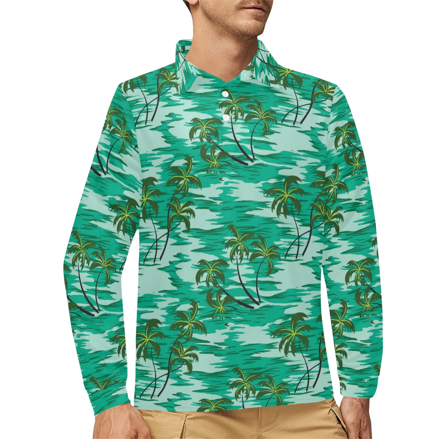 Palm Tree Pattern Print Design A01 Long Sleeve Polo Shirt For Men's