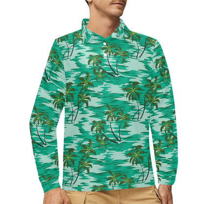 Palm Tree Pattern Print Design A01 Long Sleeve Polo Shirt For Men's