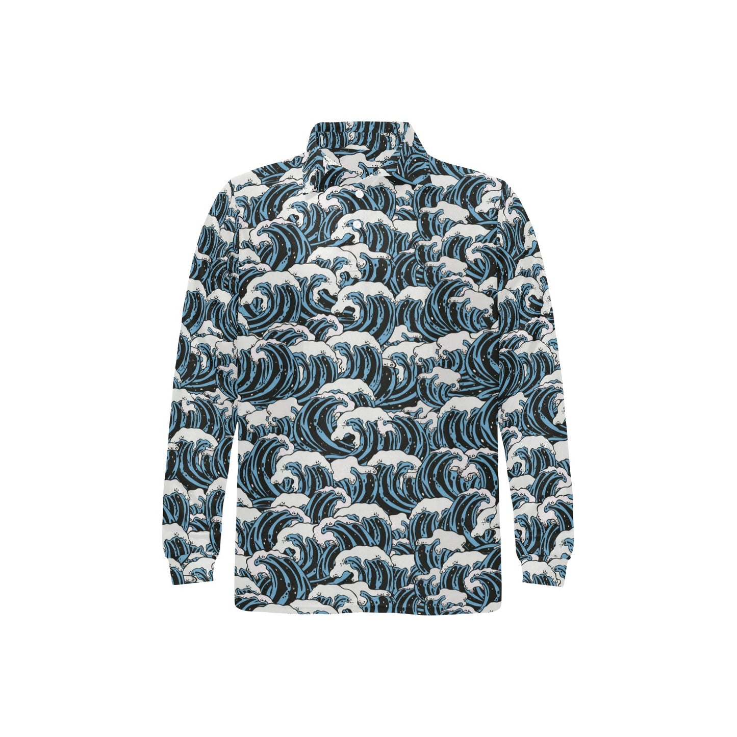 Surf Wave Pattern Print Long Sleeve Polo Shirt For Men's