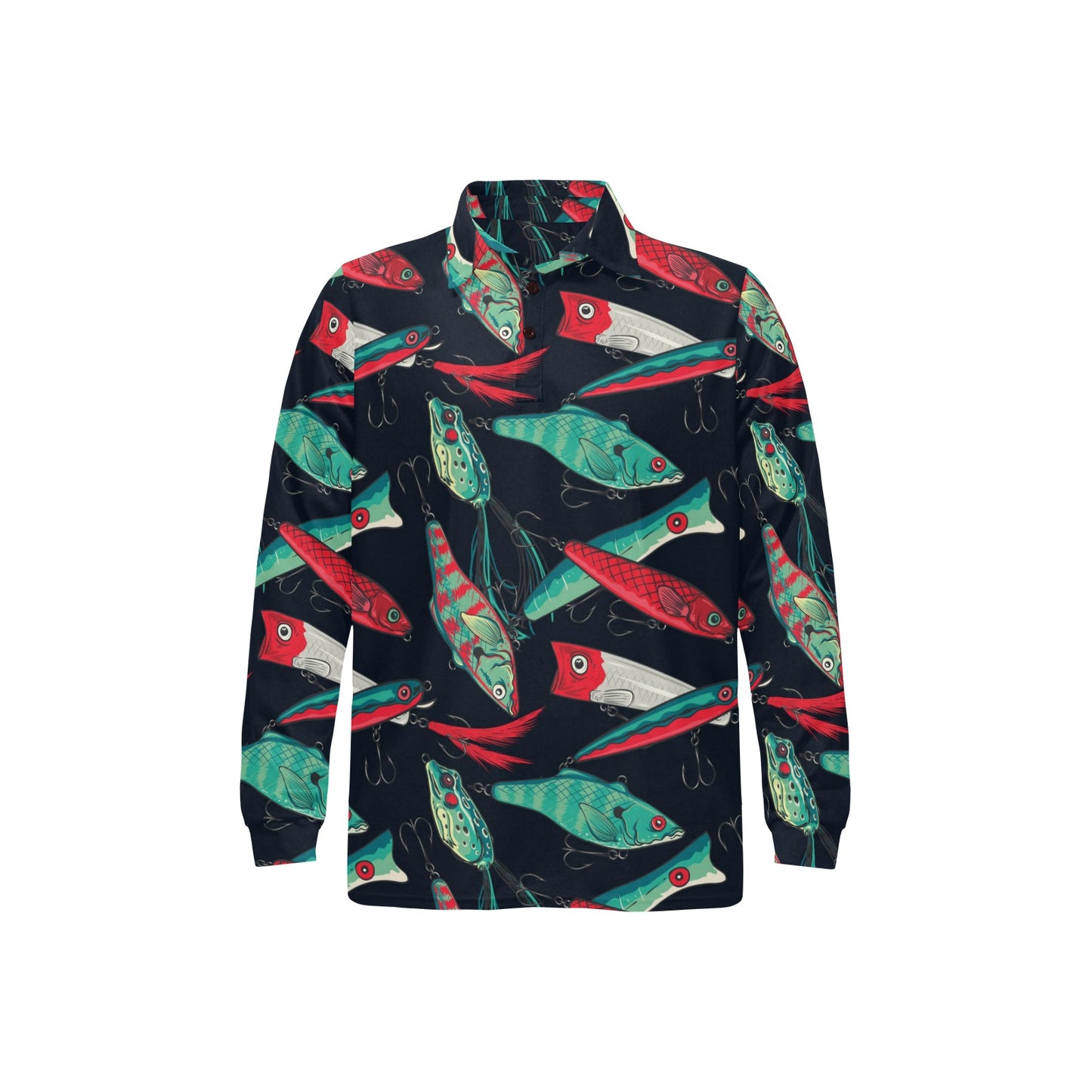 Fishing Bait Pattern Long Sleeve Polo Shirt For Men's