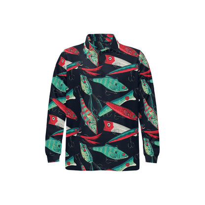 Fishing Bait Pattern Long Sleeve Polo Shirt For Men's