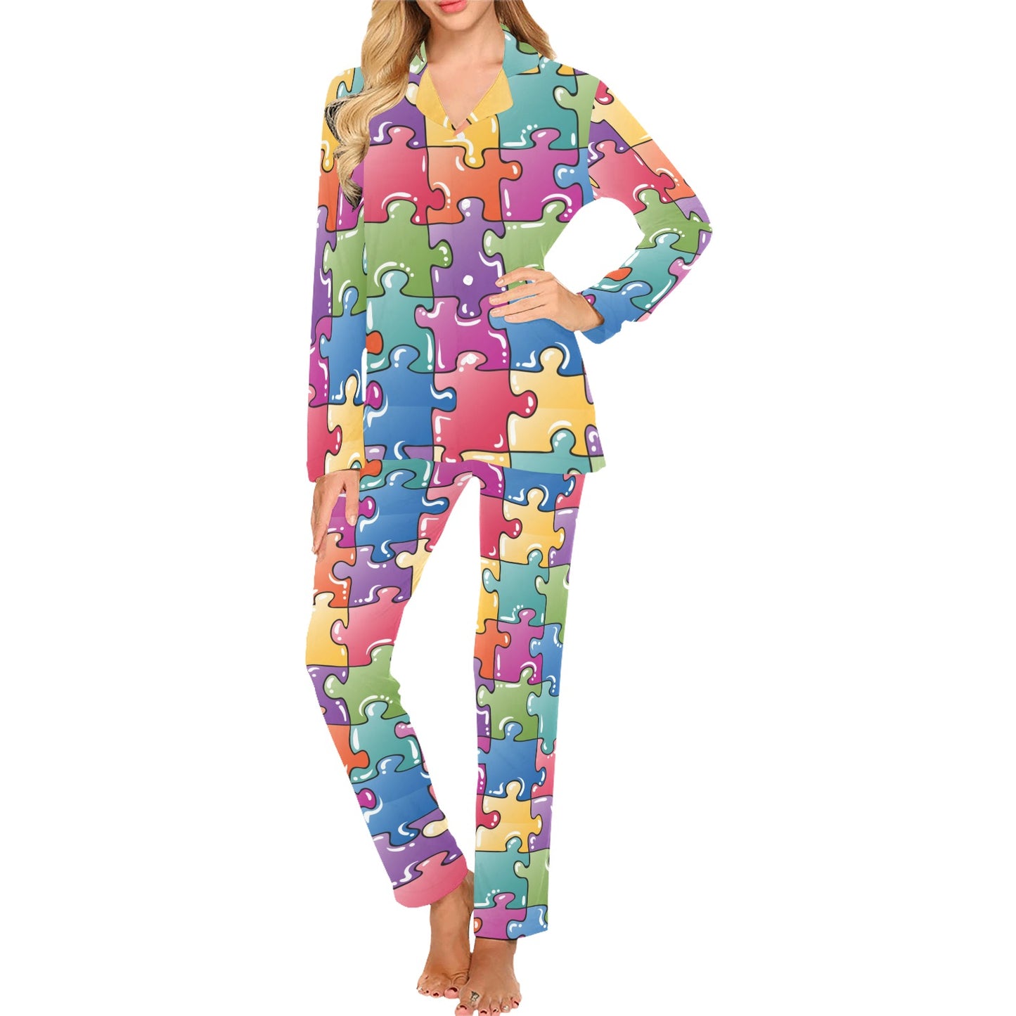 Puzzle Pattern Print Design A05 Women's Long Pajama Set