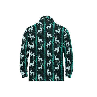 Deer Jungle Print Pattern Long Sleeve Polo Shirt For Men's