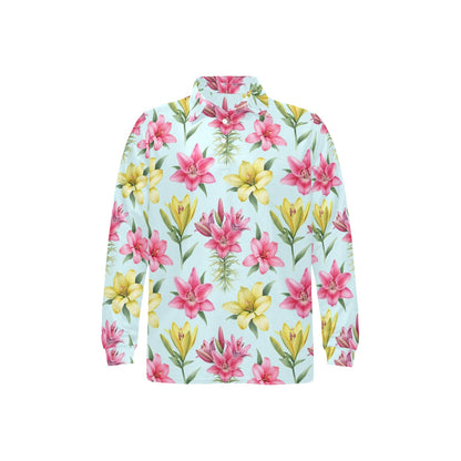 Lily Pattern Print Design LY010 Long Sleeve Polo Shirt For Men's