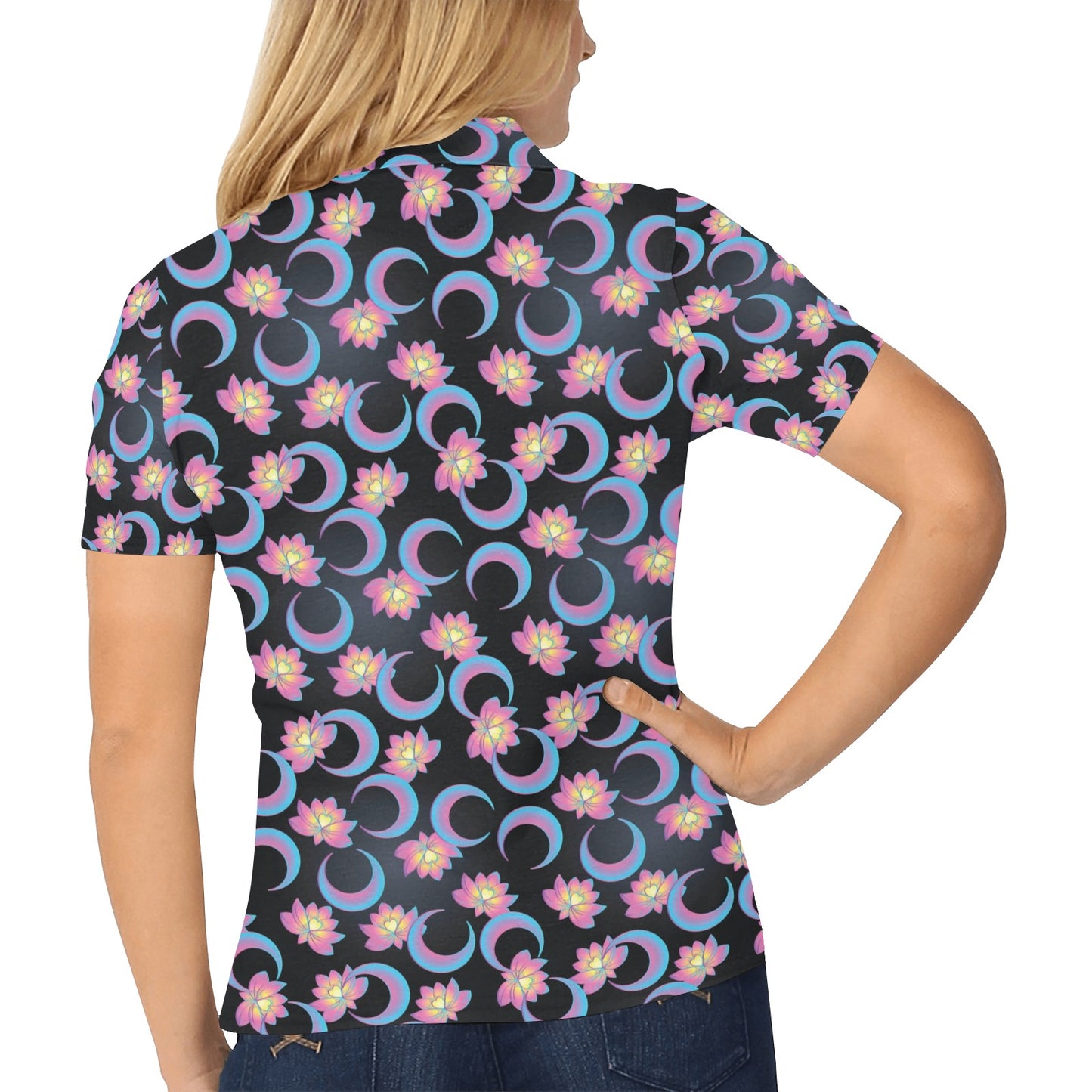Lotus with Moon Pink Print Themed Women's Polo Shirt
