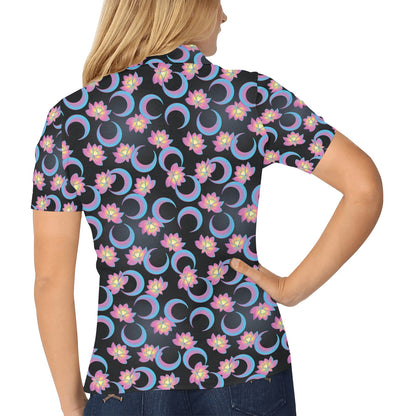 Lotus with Moon Pink Print Themed Women's Polo Shirt