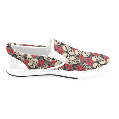 Skull And Roses Print Design LKS301 White Slip Ons Canvas Women's Shoes