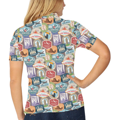 Travel Stamp Print Design LKS301 Women's Polo Shirt