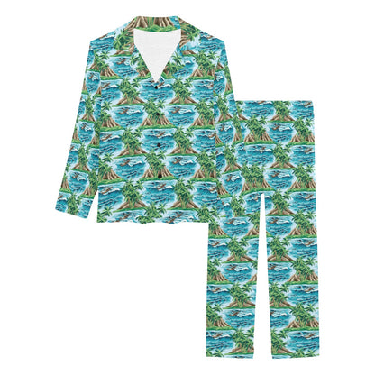 Palm Tree Hawaiian Themed Design Print Women's Long Pajama Set