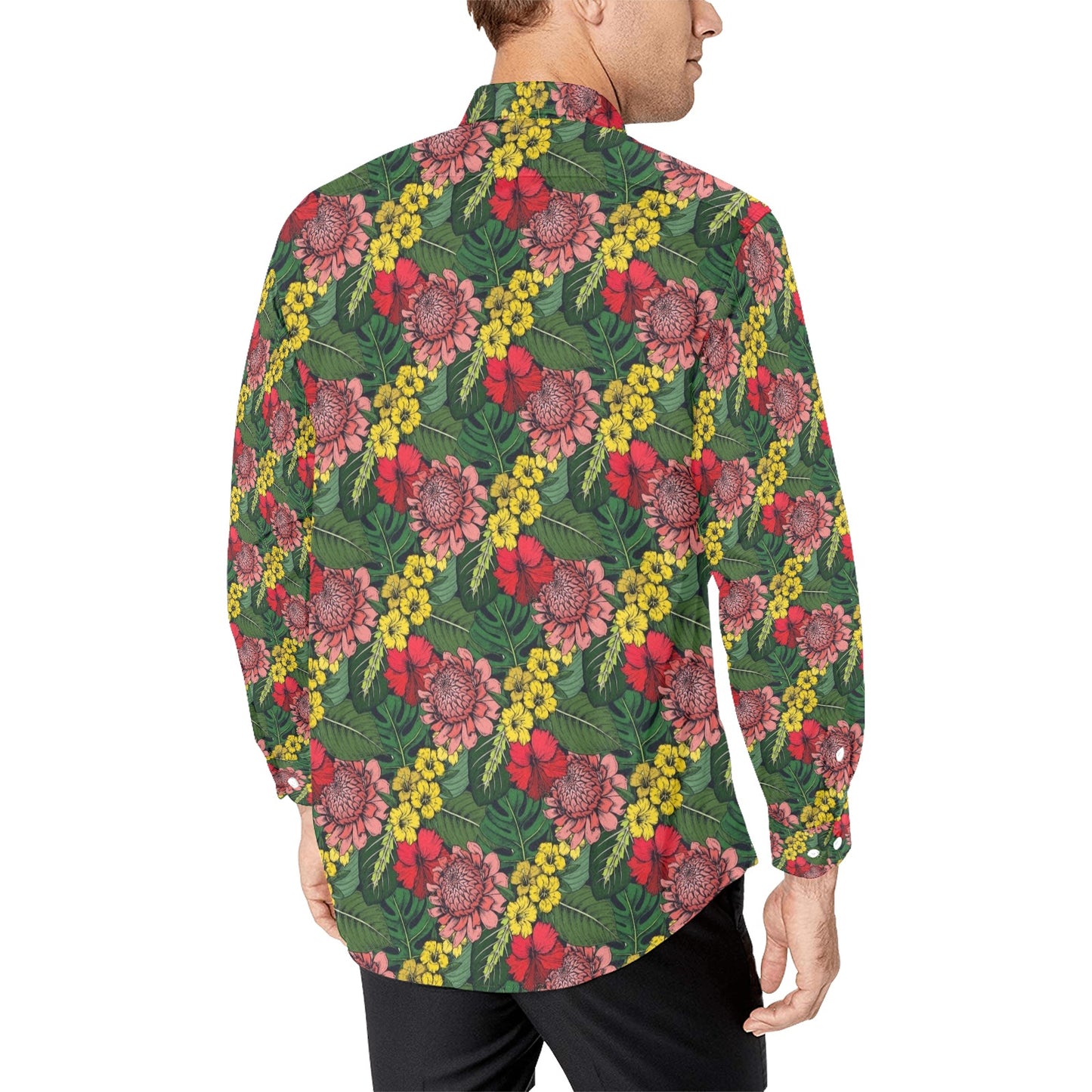 Summer Floral Print Design LKS305 Men's Long Sleeve Dress Shirt