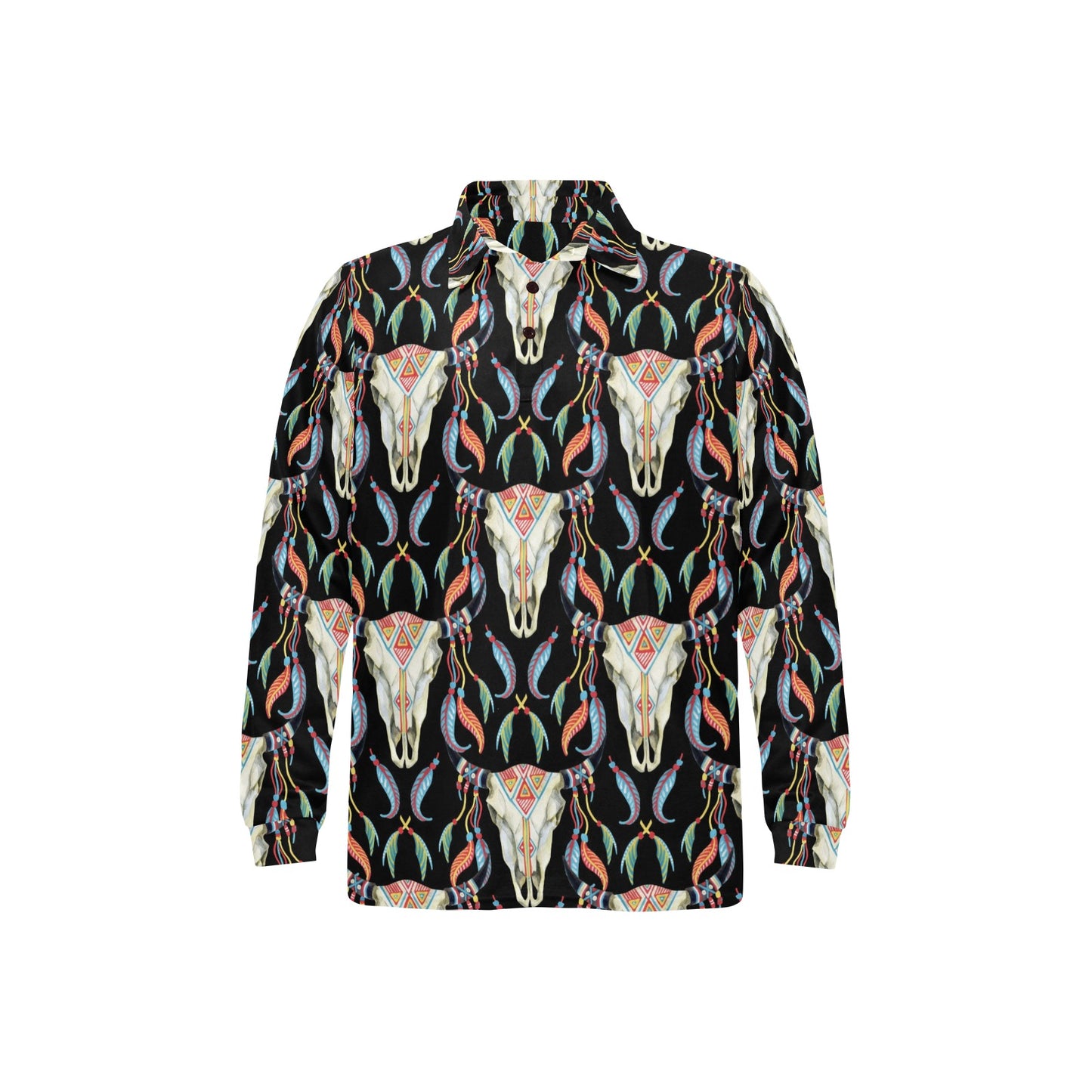 Buffalo Head Boho Style Pattern Print Design 01 Long Sleeve Polo Shirt For Men's