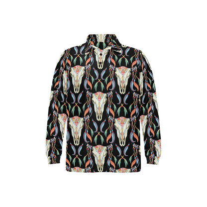Buffalo Head Boho Style Pattern Print Design 01 Long Sleeve Polo Shirt For Men's