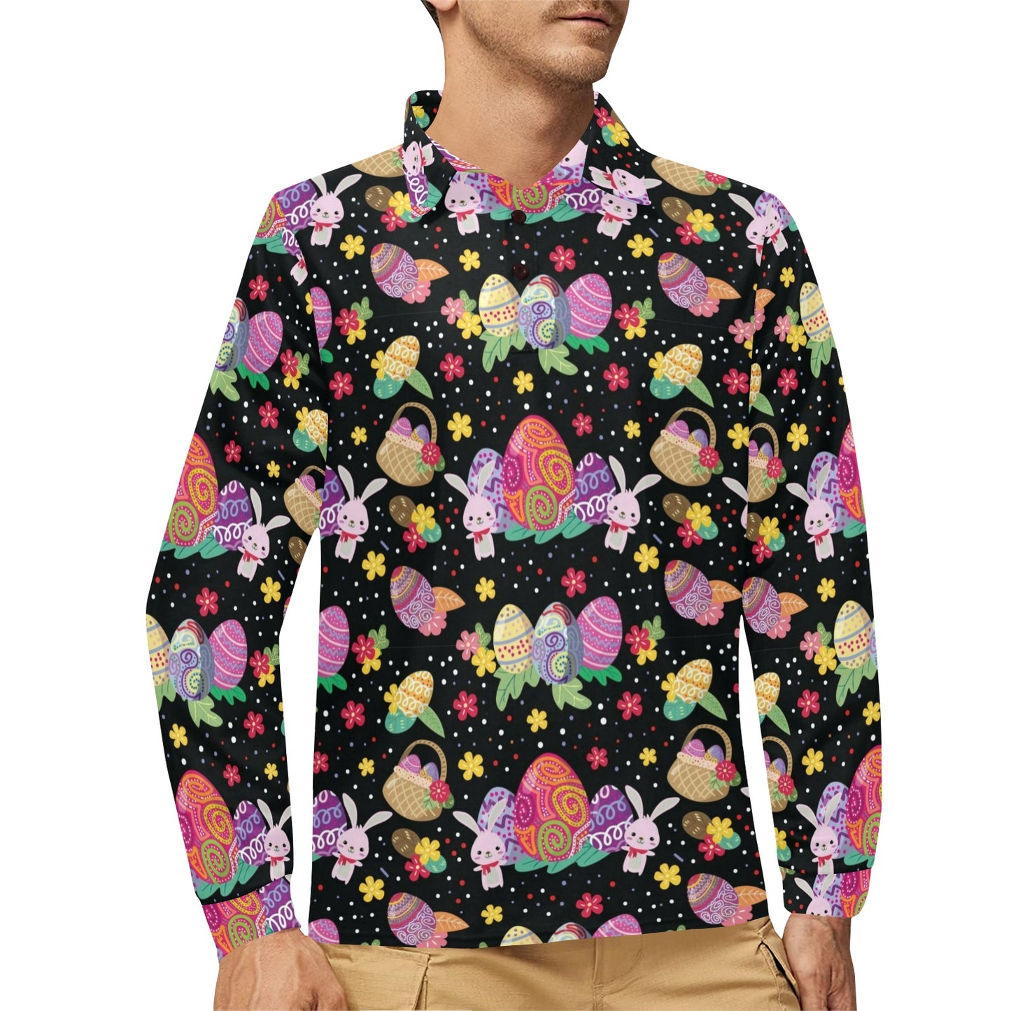 Easter Eggs Pattern Print Design RB06 Long Sleeve Polo Shirt For Men's