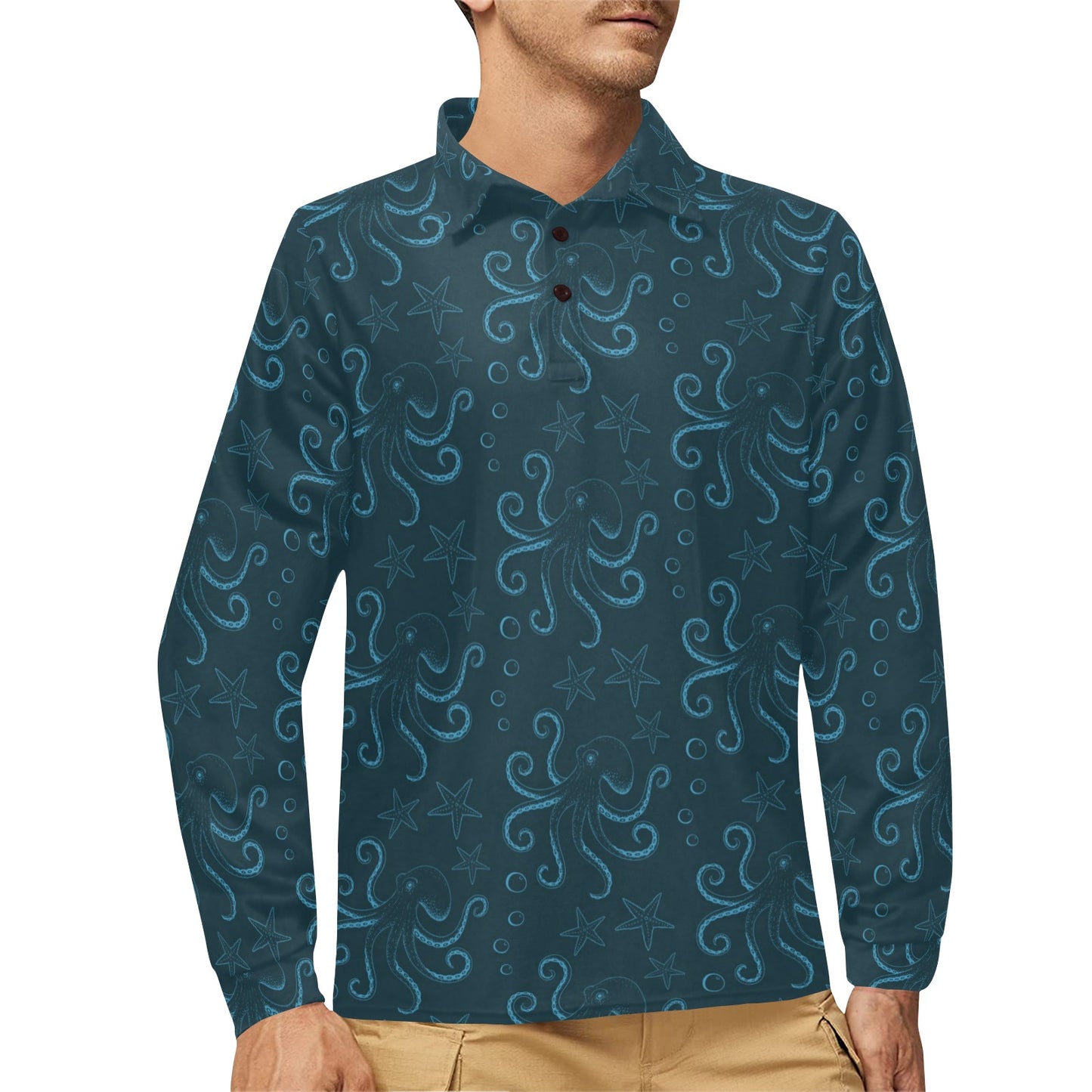 Octopus Pattern Print Design A05 Long Sleeve Polo Shirt For Men's