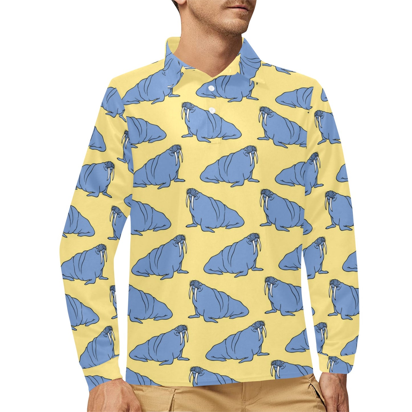 Walrus Pattern Print Design 02 Long Sleeve Polo Shirt For Men's