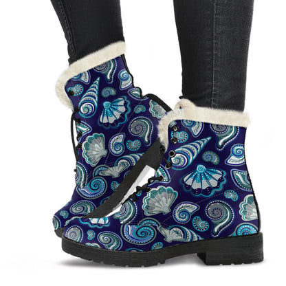 Beach Seashell Blue Print Faux Fur Leather Boots-JTAMIGO.COM