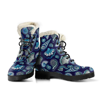 Beach Seashell Blue Print Faux Fur Leather Boots-JTAMIGO.COM