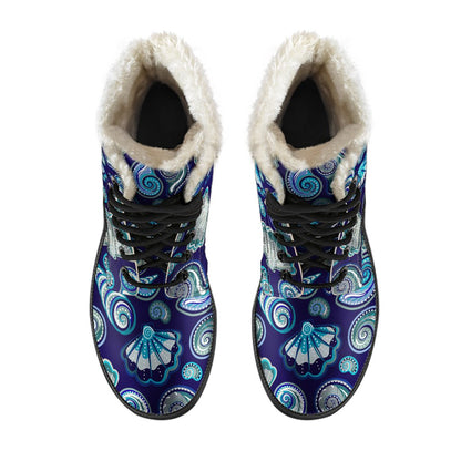 Beach Seashell Blue Print Faux Fur Leather Boots-JTAMIGO.COM