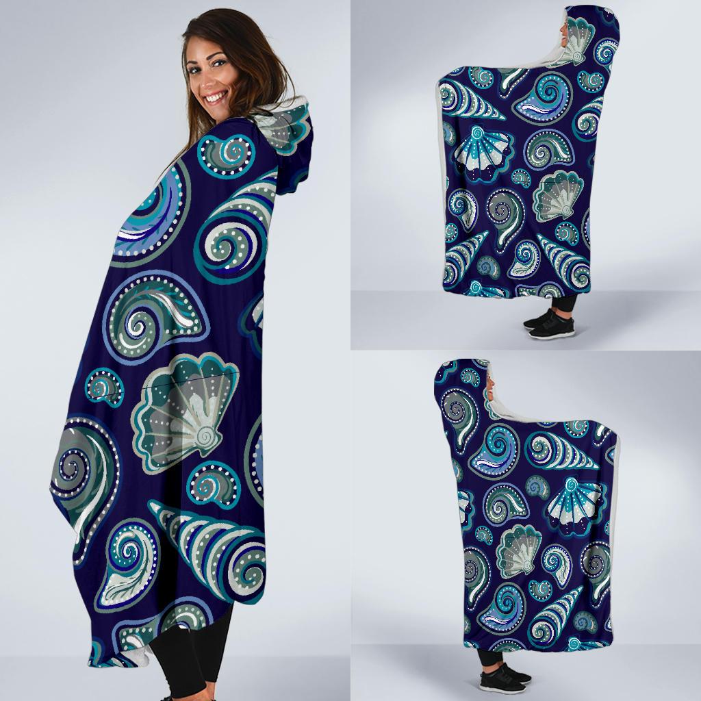 Beach Seashell Blue Print Hooded Blanket-JTAMIGO.COM