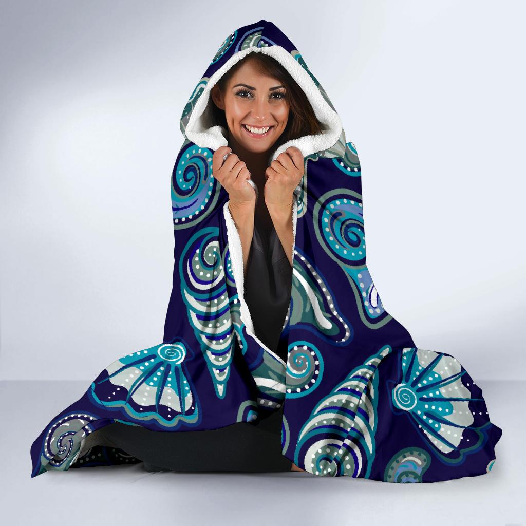 Beach Seashell Blue Print Hooded Blanket-JTAMIGO.COM