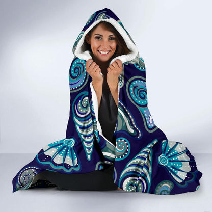 Beach Seashell Blue Print Hooded Blanket-JTAMIGO.COM