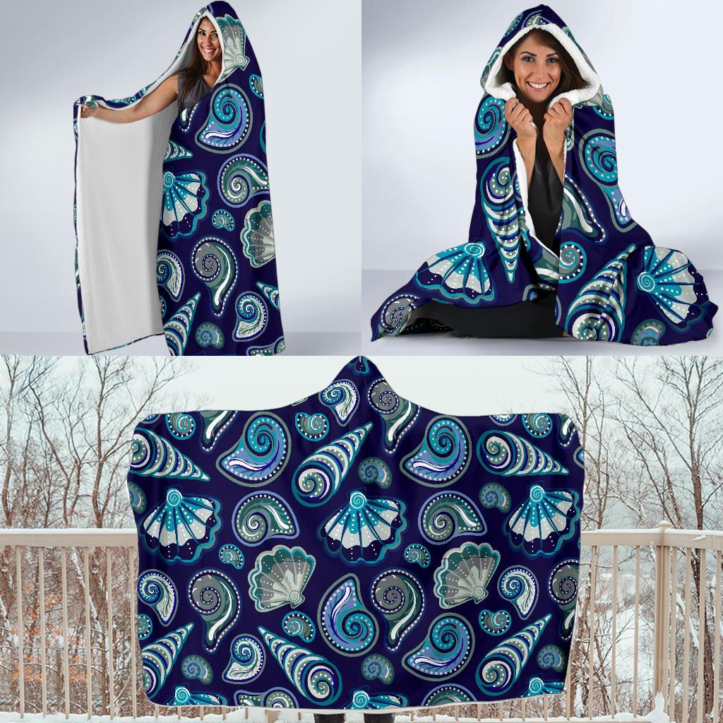 Beach Seashell Blue Print Hooded Blanket-JTAMIGO.COM