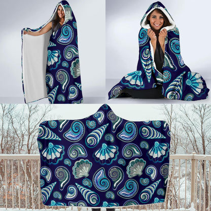 Beach Seashell Blue Print Hooded Blanket-JTAMIGO.COM