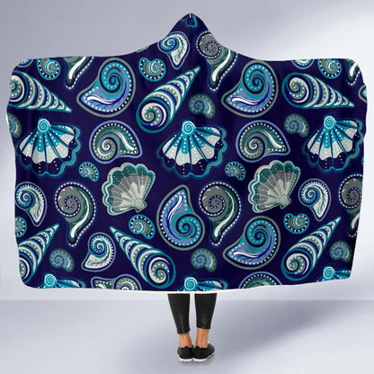Beach Seashell Blue Print Hooded Blanket-JTAMIGO.COM