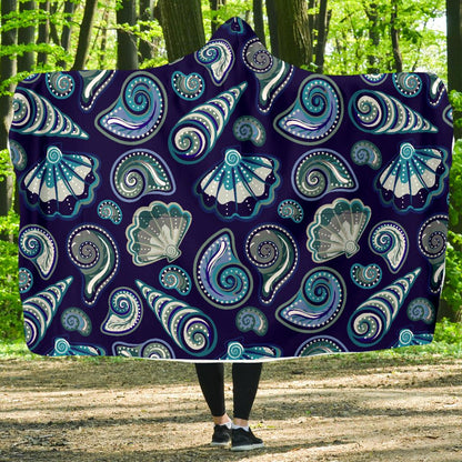 Beach Seashell Blue Print Hooded Blanket-JTAMIGO.COM